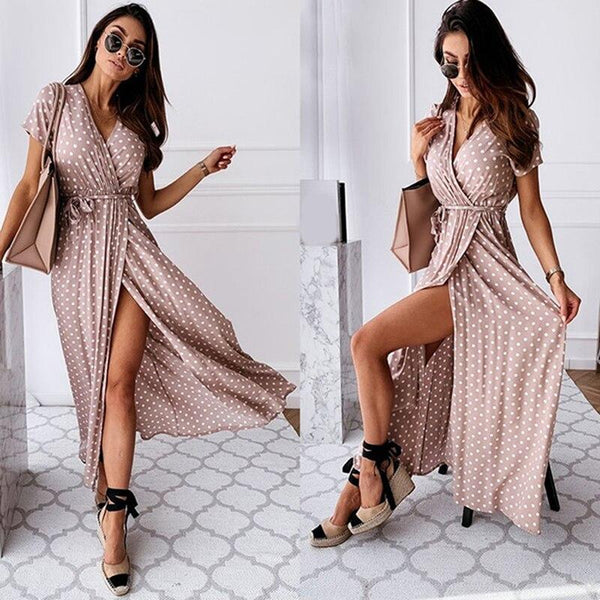 Long boho casual summer dress with sleeves and slit