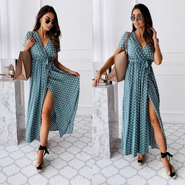 Long boho casual summer dress with sleeves and slit