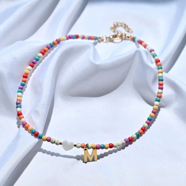 Colorful beaded necklace with letter pendant