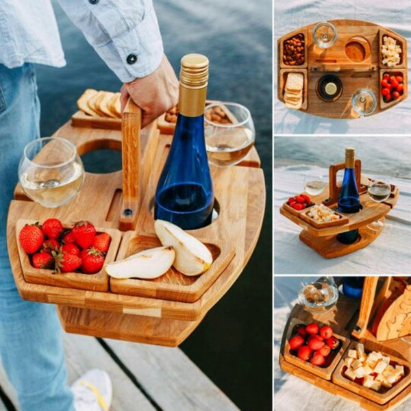 Elegant portable wooden picnic table with wine glass holder