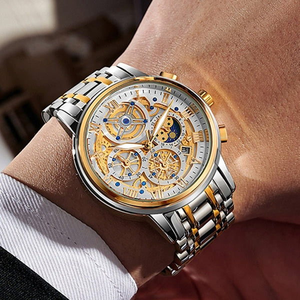 Elegant waterproof quartz men's wristwatch with stainless steel bracelet