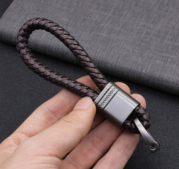 Braided leather loop keychain for car keys