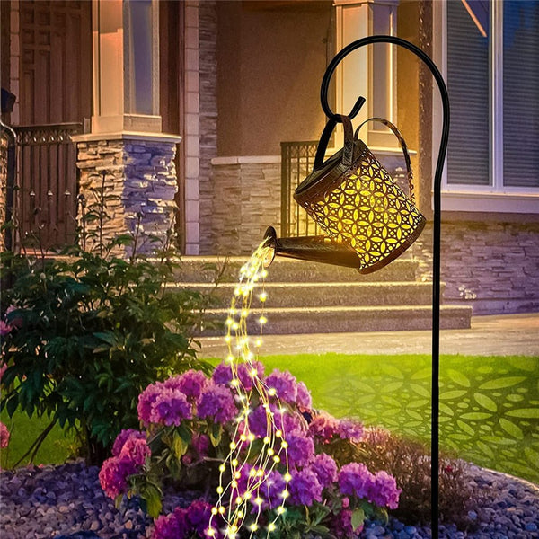 Hanging solar outdoor watering can with waterfall fairy lights & stand