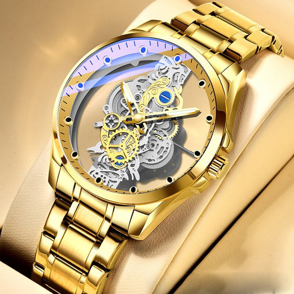 Men's transparent mechanical skeleton wristwatch