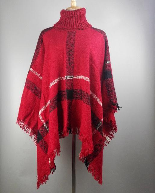 Rot / L175cm    H110cm Damen Winter Poncho aus Wolle