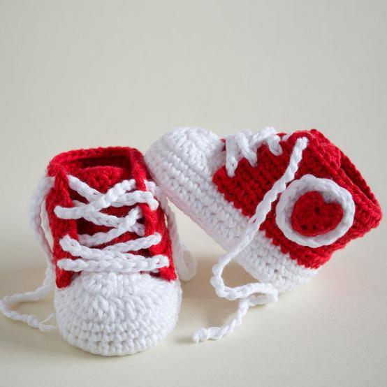  Rot/Weiß / 0-6 Monate Gehäkelte Baby Turnschuhe
